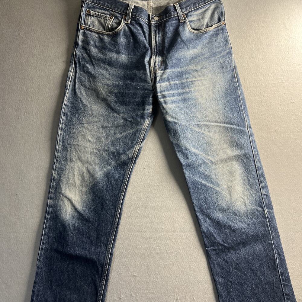 Levis 505 Jeans Mens 38x34 Blue Faded Wash Regular Fit Distressed